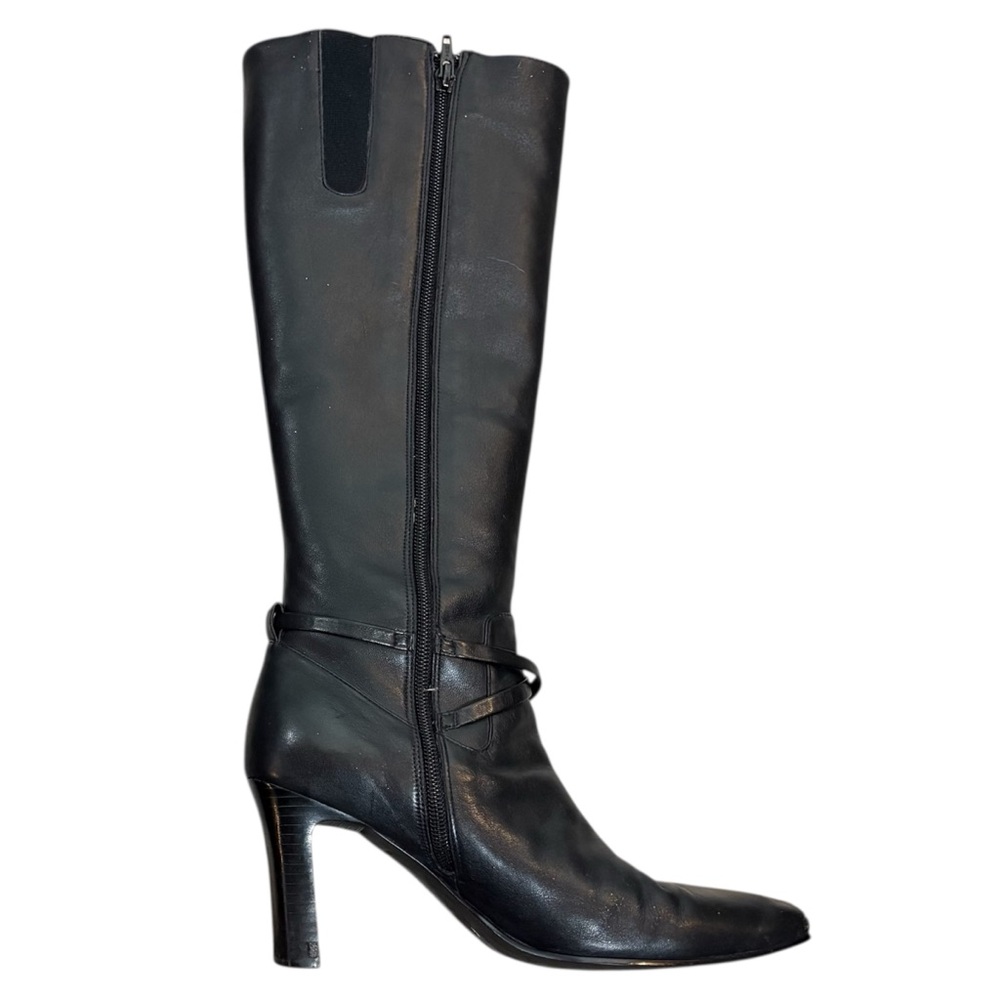 90s Black Leather Knee-High Boots Women’s 8.5 Snip Toe Side Zip‎ Classic Retro